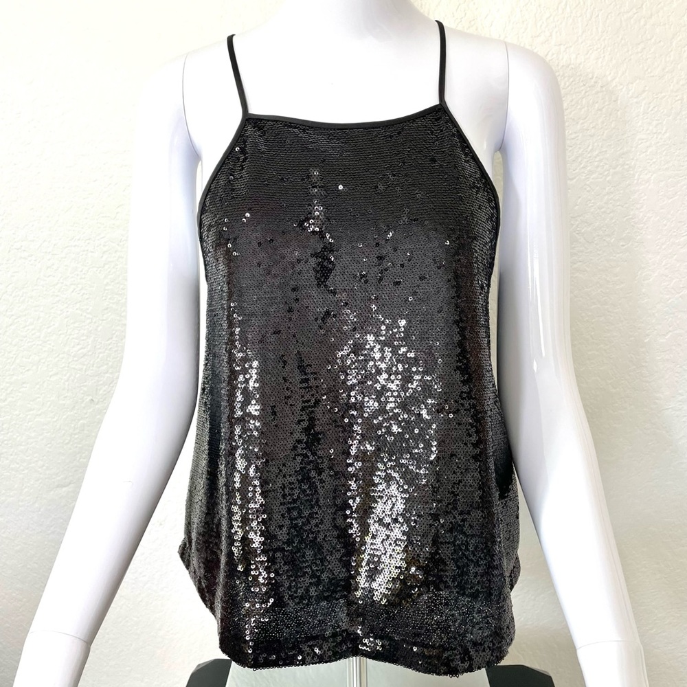Sequined Black Halter Tank Top - S